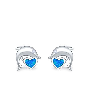Dolphin Heart Stud Earrings Lab Created Blue Opal 925 Sterling Silver (7mm)